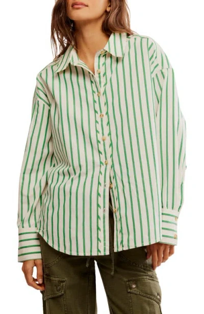 Free People Varsity Vibes Stripe Oversize Cotton Button-up Shirt In Green