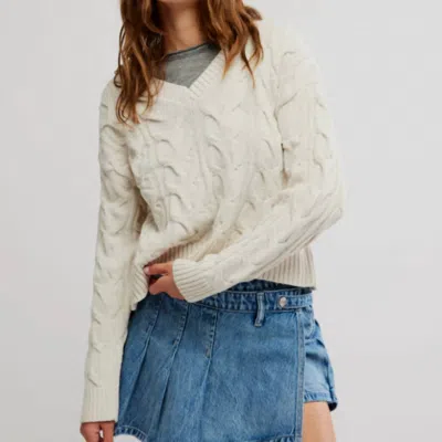 Free People Washed Cable Knit Sweater In Washed White In Optic White