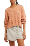 Free People Washed Cable V-neck Sweater In Candied Melon In Candied Melon