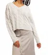 Free People Washed Cable V-neck Sweater In Pale Blue In White