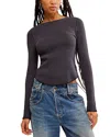 Free People Easy Does It Long Sleeve Waffle Knit Cotton T-shirt In Black