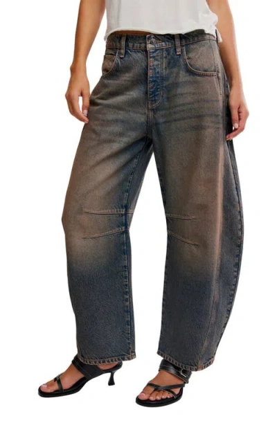 Free People Womens Lost In The Desert Good Luck Mid-rise Barrel-leg Denim Jeans In Blue
