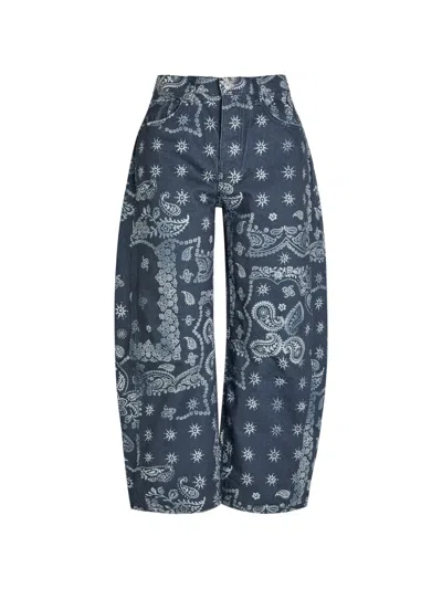 Free People We The Free Good Luck Leopard Barrel Leg Jeans In Brown Sugar In Blue