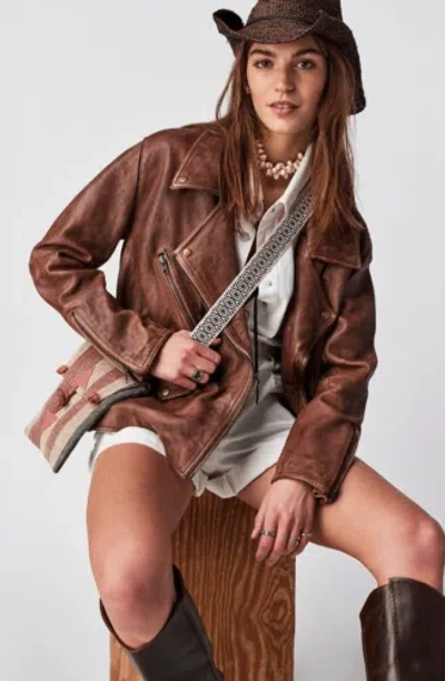 Pre-owned Free People We The Free Jealousy Leather Moto Jacket Color Mushroom (sold Out At Fp) Xl In Brown