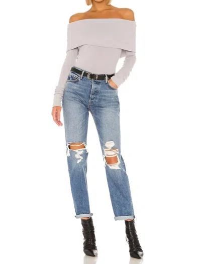 Free People We The Free Snowbunny Off Shoulder Ribbed Long Sleeve Top In Grey In Gray