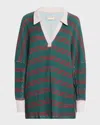 Free People Stripe Long Sleeve Stretch Cotton Waffle Knit Tunic Top In Forest Combo