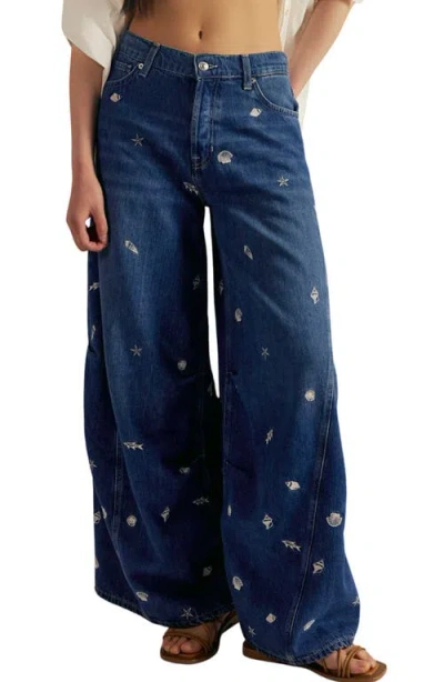 Free People Westward Embroidered Wide Barrel Leg Jeans