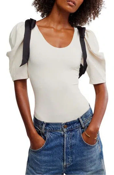 Free People What A Girl Wants Bow Puff Sleeve Bodysuit In Blue