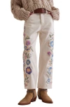 Free People Willow Floral Embrodiered Straight Leg Jeans In Ecru