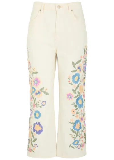 Free People Willow Floral-embroidered Cropped Straight-leg Jeans In Gold