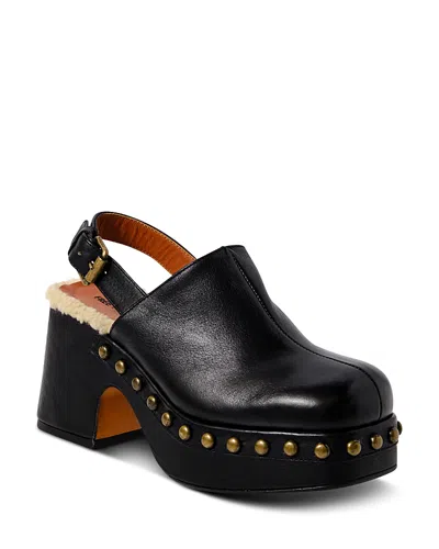 Free People Women's Autumn Square Toe Studded & Faux Fur Trim High Heel Platform Clogs In Black