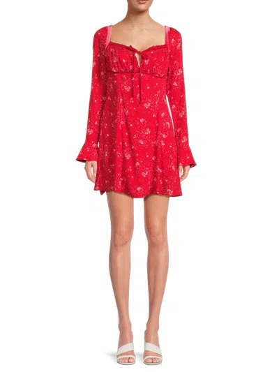 Free People Women's Bell Sleeve Floral Mini Peasant Dress In Pop Red Combo
