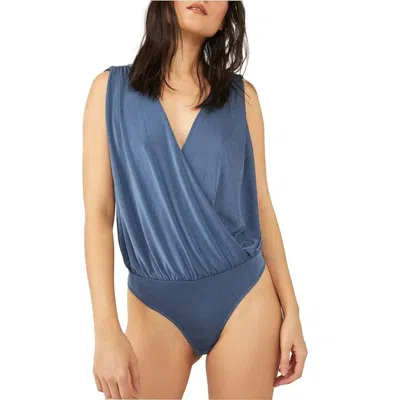 Free People Women's  Night Owl Bodysuit Blue Stretch Surplice Neck Red1364