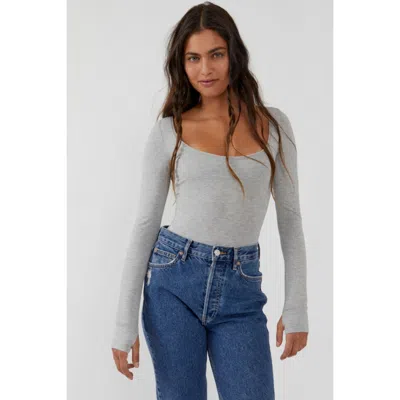 Free People Women's  Settle In Bodysuit Heather Gray Sleek Scoop Neck Red1341