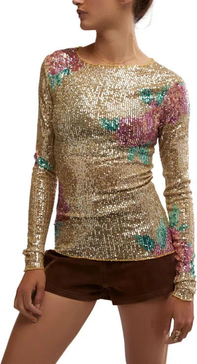 FREE PEOPLE WOMEN'S PRINTED GOLD RUSH LONG SLEEVE TOP CHAMPAGNE COMBO