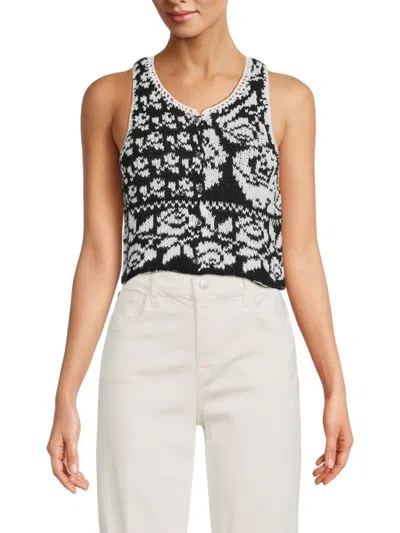 Free People Women's Rosie Button Front Knit Crop Top In Black White