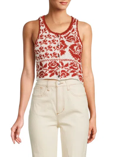 Free People Women's Rosie Button Front Knit Crop Top In Red Rose Cream