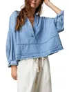 Free People Women's Jude Denim Split Neck Blouse In Blue