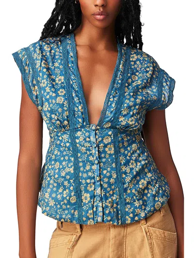 Free People Womens Floral Print Lace Blouse In Blue