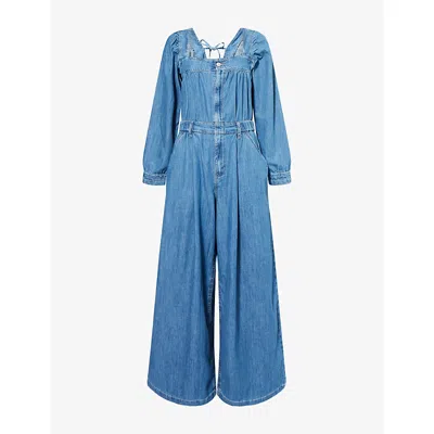 Free People Womens  Clara Wide-leg Denim Jumpsuit In Blue