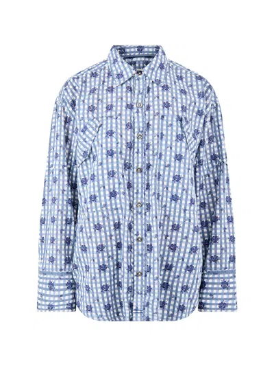 Free People Hidden Flower Camo Checked Cotton Shirt In Blue