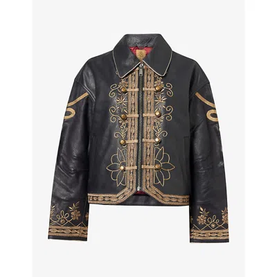 Free People Womens Lana Embroidered Leather Jacket Black In Blue