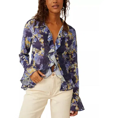Free People Womens Ruffled Pleated Button-down Top In Blue