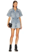 Free People Marci Button Front Cuffed Shortall Romper In Marakesh Blue In Marrakesh