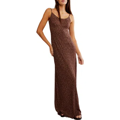 Free People Zoey Printed Low Back Maxi Slipdress In Chocolate Combo