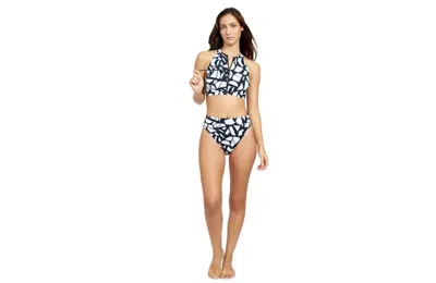 Free Sport By Gottex Geo Club High Neck Bikini Swim Top With Zipper In Black/white
