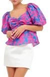 Free The Roses Floral Bow Back Puff Sleeve Blouse In Blue/fuchsia