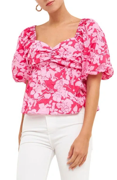 Free The Roses Floral Bow Back Puff Sleeve Blouse In Red/pink