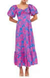 Free The Roses Floral Puff Sleeve Tie Back Maxi Dress In Purple