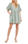 Free The Roses Scallop Trim Floral Cotton Minidress In Blue Multi