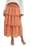 Free The Roses Smock Waist Tiered Ruffle Skirt In Tangerine