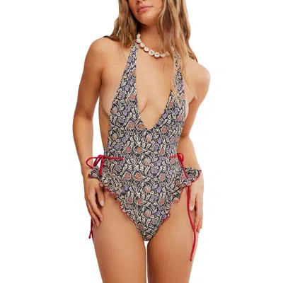 Free-est By Free People Lettuce Edge Ruffle Plunge One-piece Swimsuit In Black