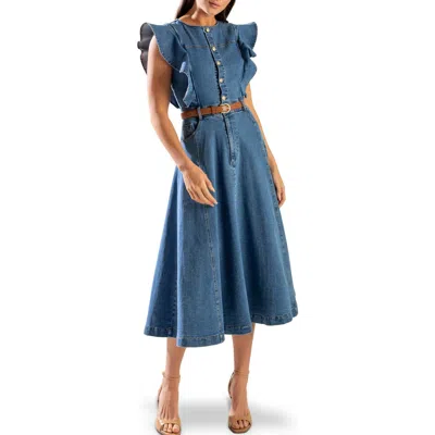 Freemarket Belted Denim Midi Dress In Blue