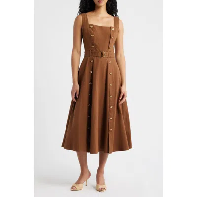 Freemarket Belted Fit & Flare Cotton Midi Dress In Brown