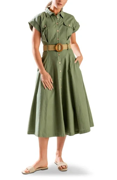 Freemarket Belted Stretch Cotton Midi Shirtdress With Pockets In Olive