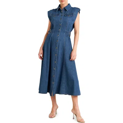 Freemarket Buckle Tab Denim Fit & Flare Midi Dress In Blue