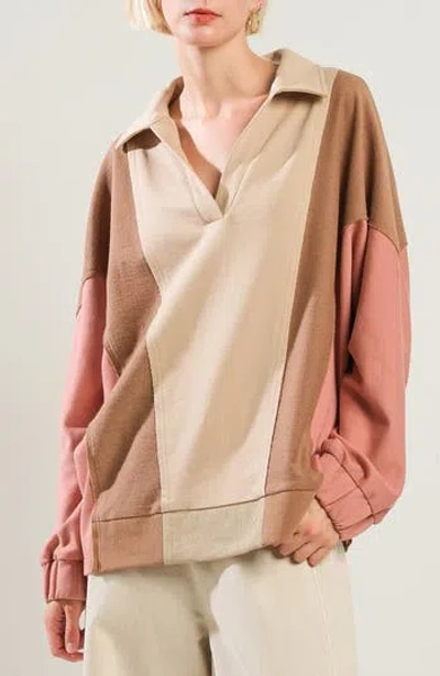 Freemarket Colorblocked Spread Collar Knit Top In Taupe Multi