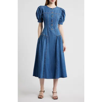Freemarket Cotton Blend Puff Sleeve Denim Midi Dress In Blue