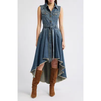 Freemarket Denim Tie Waist High Low Midi Dress In Purple