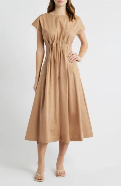 Freemarket Gathered Waist Cotton Midi Dress In Brown