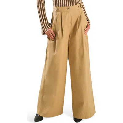 Freemarket High Waist Pleated Wide Leg Cotton Pants In Camel