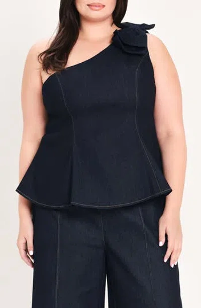 Freemarket One Shoulder Bow Cotton Blend Top In Blue