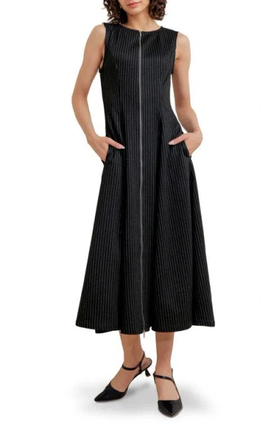 Freemarket Pinstripe Zip Front Midi Dress In Black