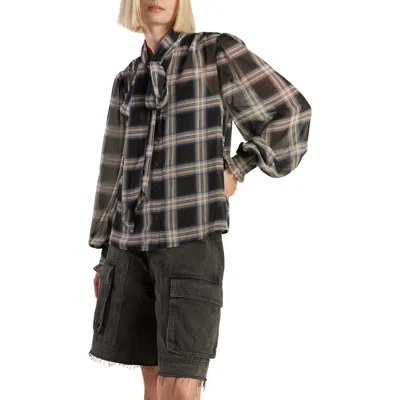 Freemarket Plaid Button Down Tie Neck Top In Black Multi