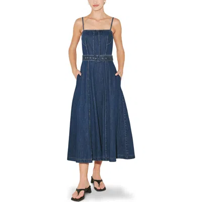 Freemarket Pleated Square Neck Denim Midi Dress In Blue