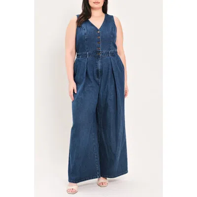 Freemarket Pleated Wide Leg Denim Jumpsuit In Blue